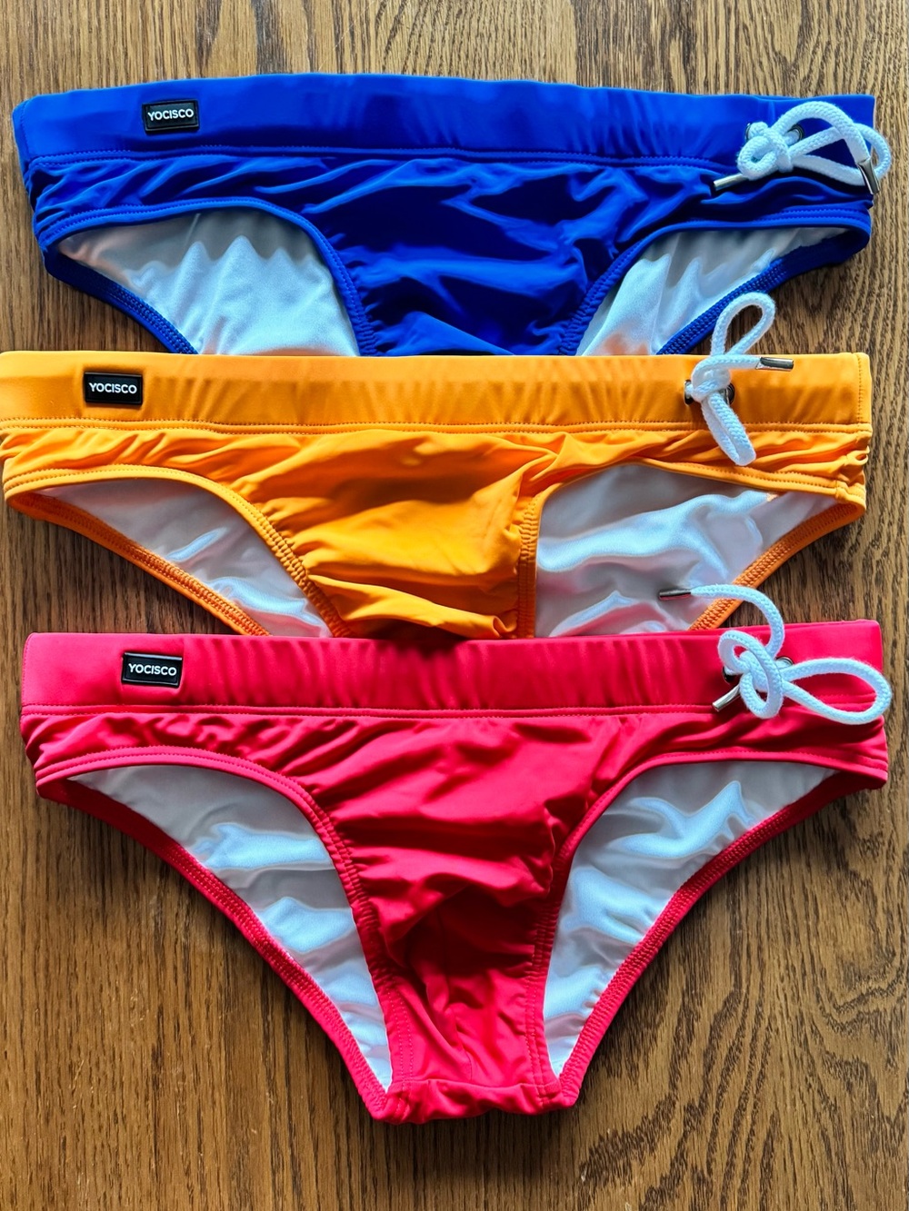 Men’s Yocisco Side-Tie Swim Briefs - Blue, Orange, Red (3-Pack)